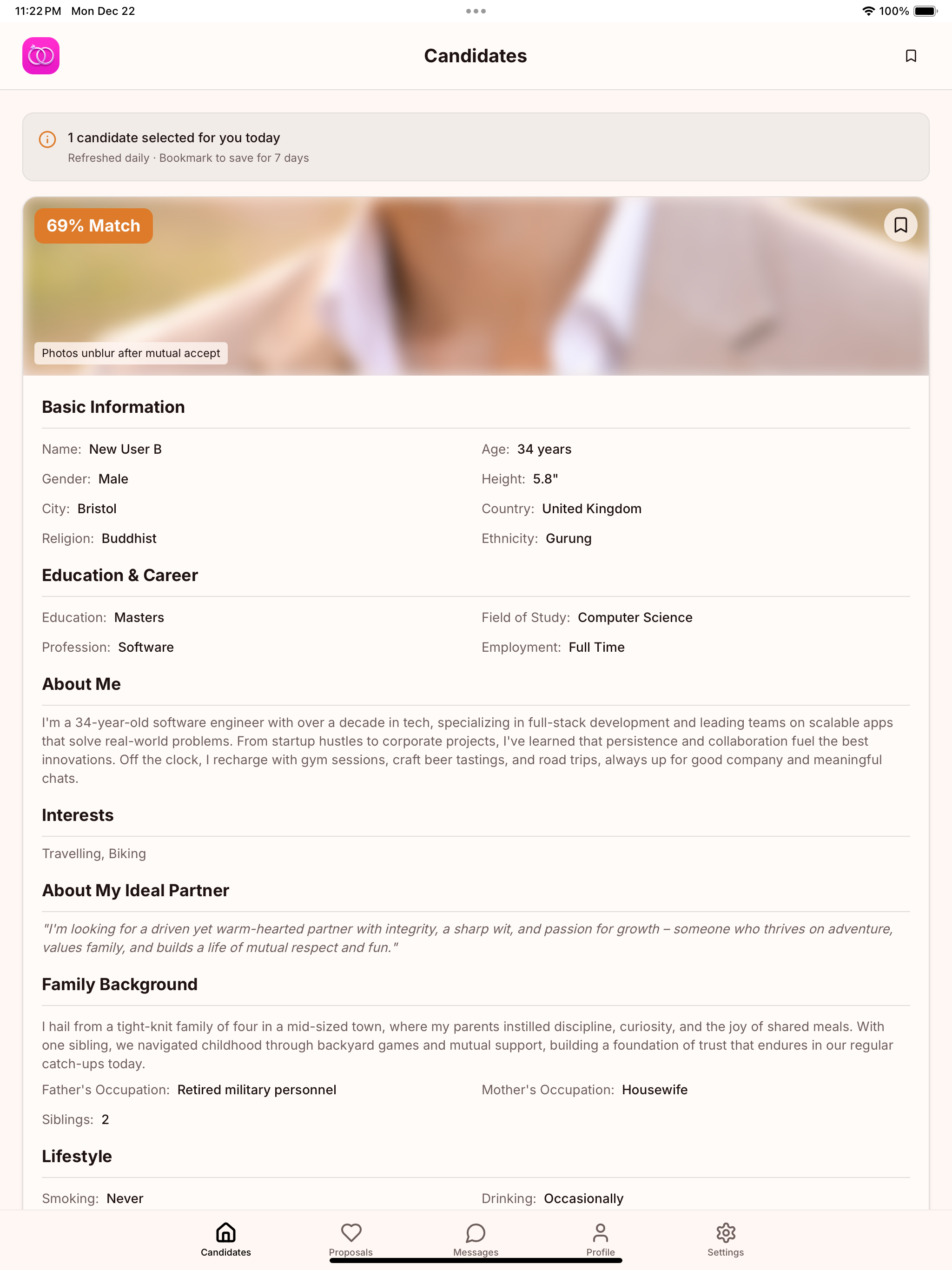 Candidates screen showing curated daily matches